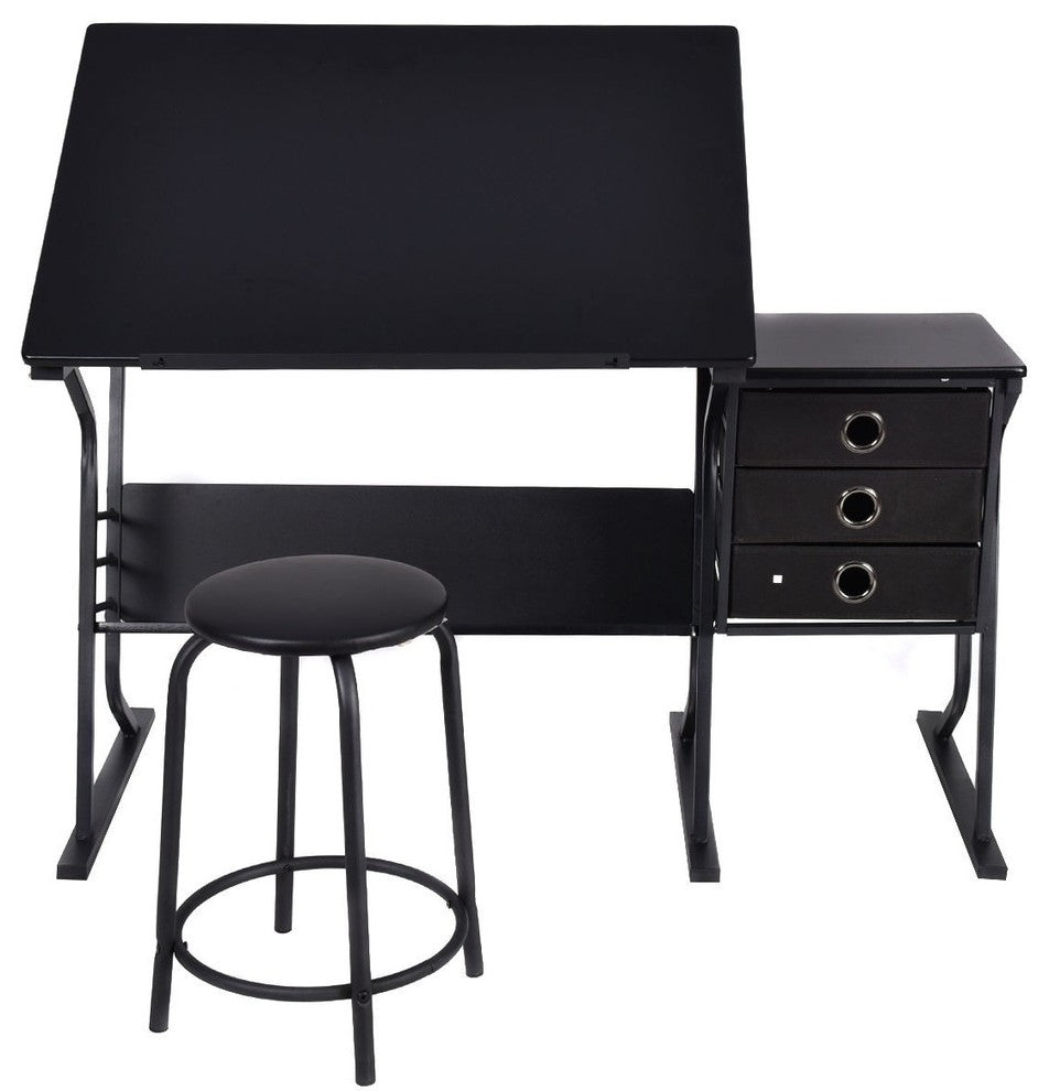 Modern Style Black Adjustable Drafting Table with Stool and Side Drawers