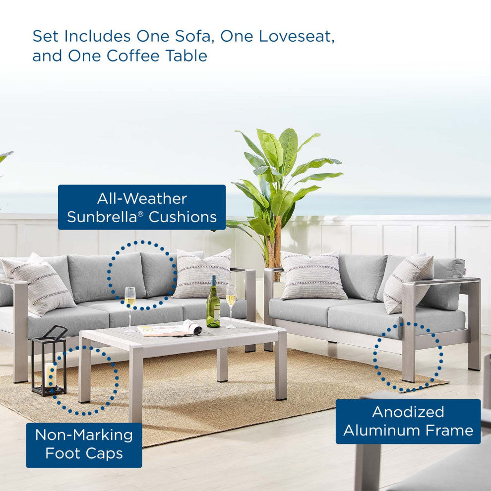 Sectional Sofa Chair Table Set, Sunbrella, Aluminum, Silver Gray, Outdoor