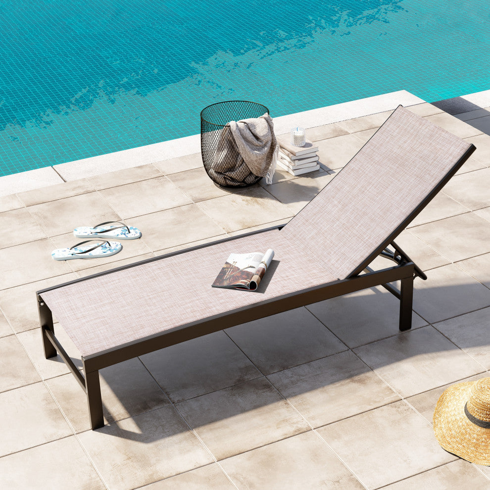 Outdoor Patio Aluminum Five-Position Adjustable Chaise Lounge Chair, Beige
