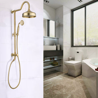 Antique Brass Exposed Pipe Shower With Handheld Shower, Brushed Gold