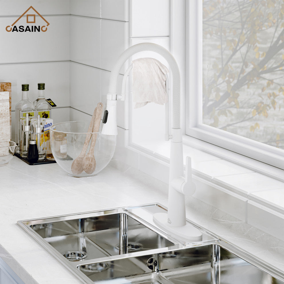 Single-Handle Spring Neck Standard Kitchen Faucet with Dual-Function, Matte White