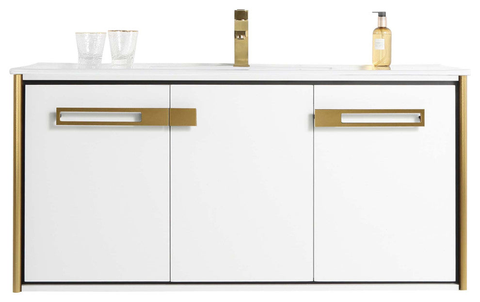 Oakville Wall Mount Bathroom Vanity, White Matte, 48", Satin Brass Hardware