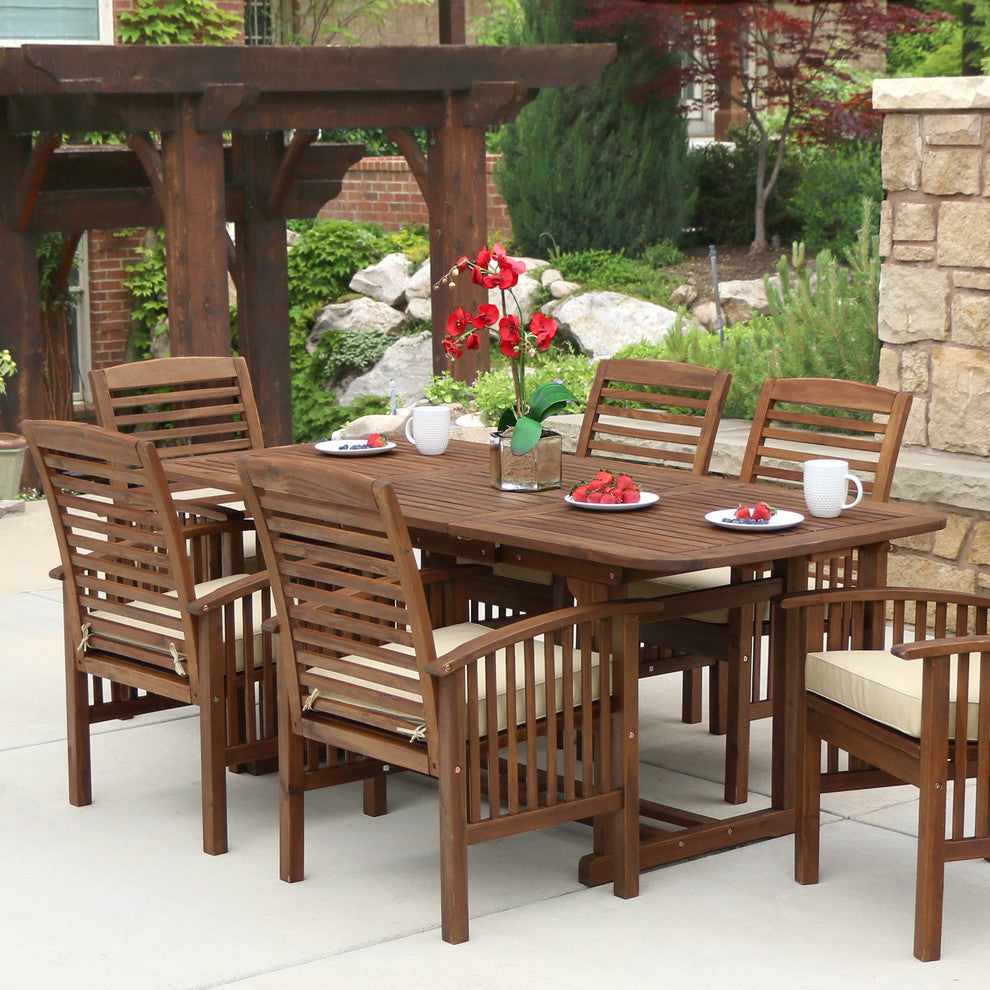 7-Piece Acacia Patio Dining Set With Cushions, Dark Brown
