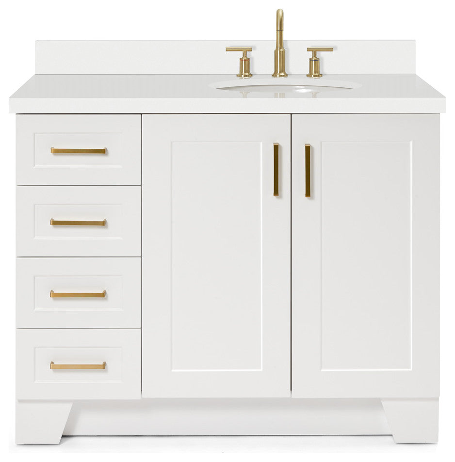 ARIEL Taylor 43" Right Offset Oval Sink White Vanity White Quartz Top, No Mirror