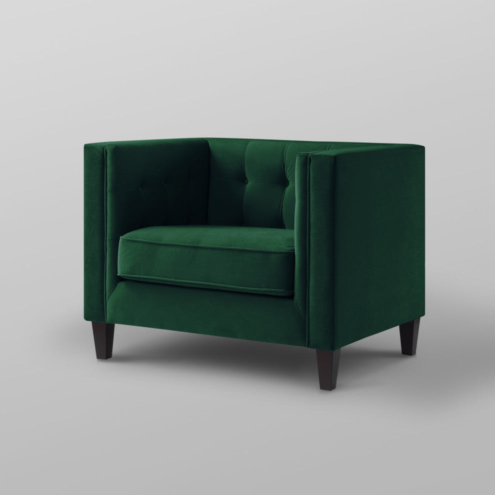 Branwen Velvet Button Tufted Square Tapered Leg Club Chair, Green
