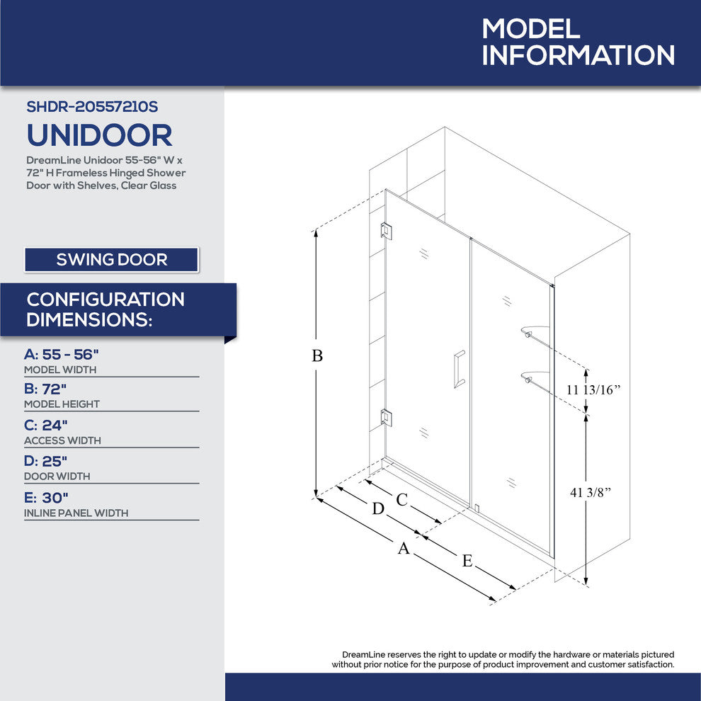 Dreamline Unidoor Min 55" To Max 56" Frameless Hinged Shower Door