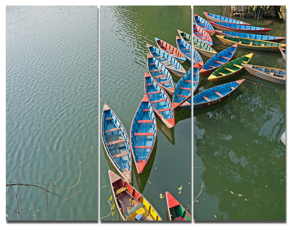 Phewa Lake in Pokhara Nepal, Boat Triptych Canvas Art Print, 36x28, 3 Panels
