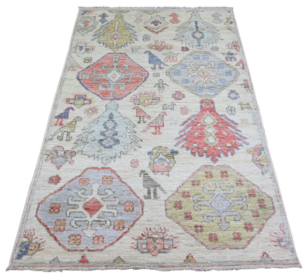 Ivory, Wool, Hand Knotted Anatolian Village Inspired Oriental Rug, 4'x6'