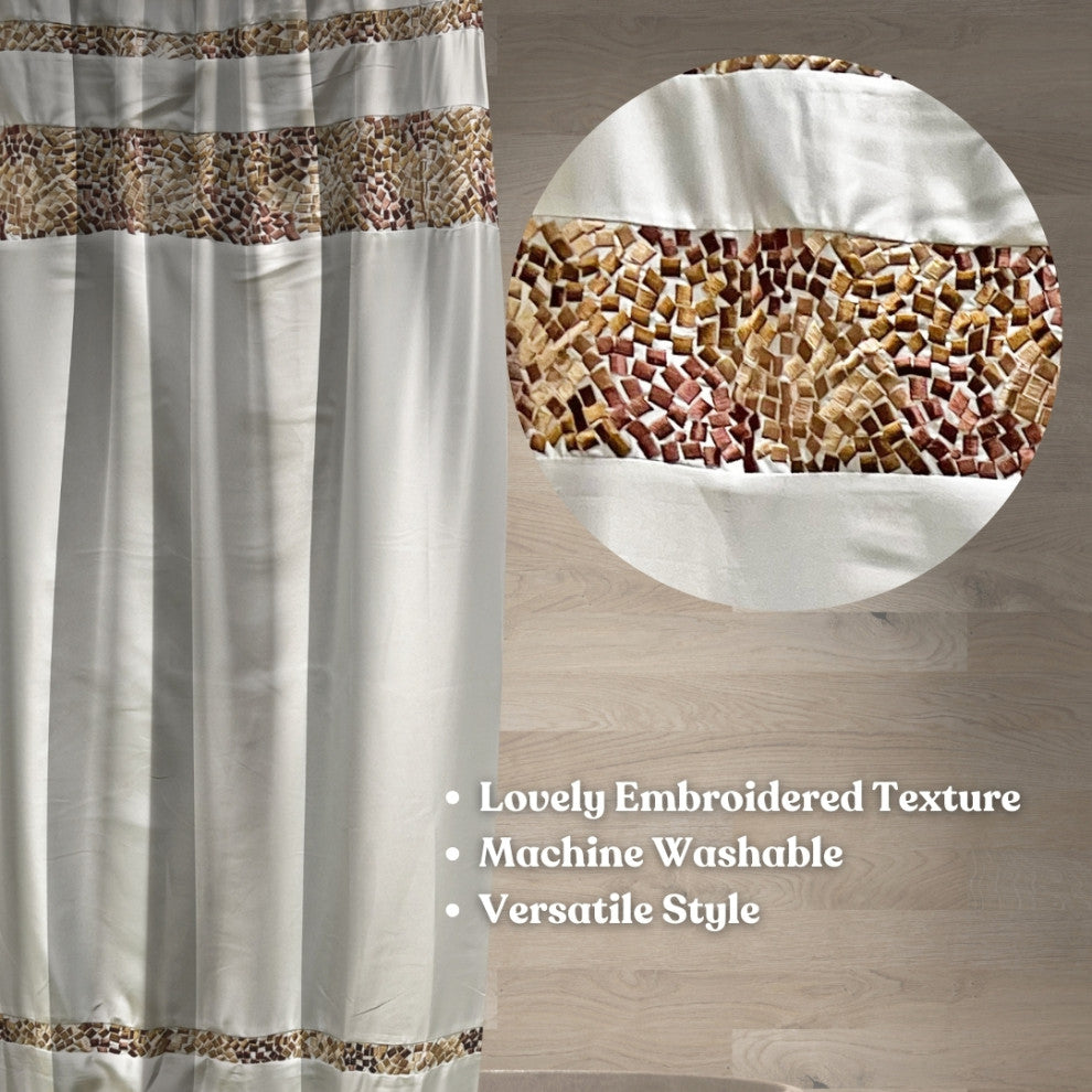 Spa Tile White Soft Fabric Shower Curtain With Multicolor Embroidered Tile Bands, Brown, 54x78"