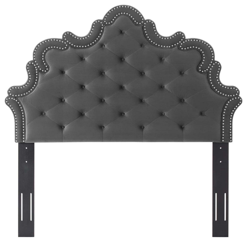 Tufted Headboard, Nailhead, Twin, Charcoal Gray, Velvet, Modern