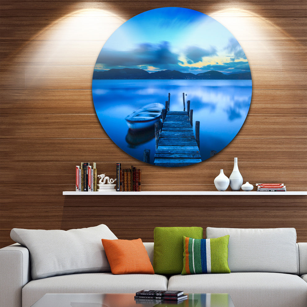 Cloudy Blue Sky With Pier, Seascape Photo Disc Metal Wall Art, 23"
