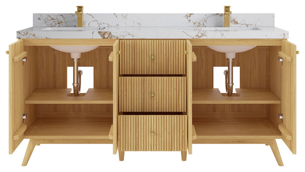 Pasadena 72 Double Sink Bath Vanity in Light Natural Teak 2" Viola Gold