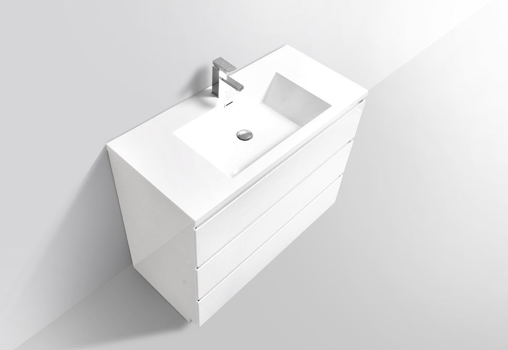 Moa Bathroom Vanity With 3 Drawers and Acrylic Sink, Gloss White, 42"