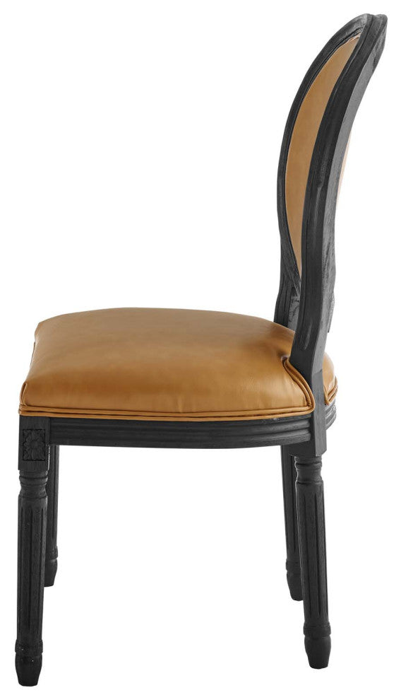 French Vintage Side Dining Chair, Faux Vegan Leather, Wood, Black Tan, Modern