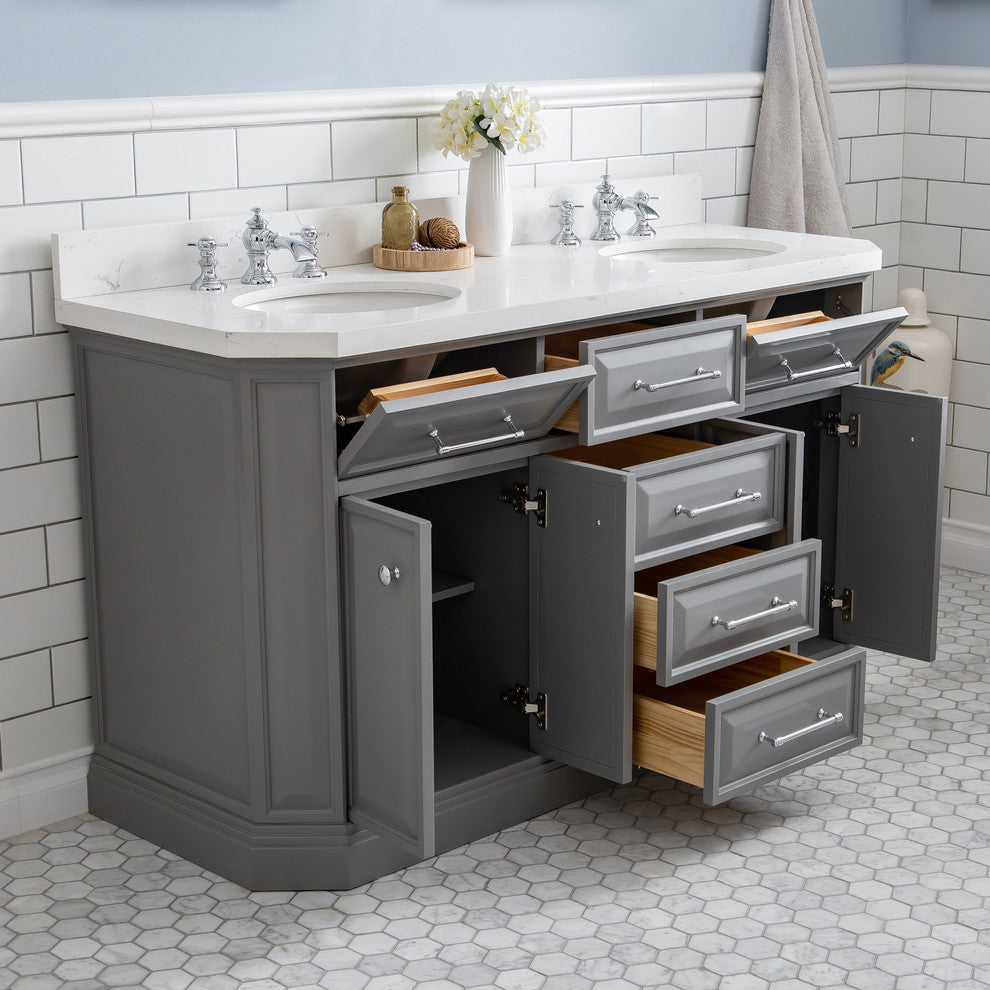 60" Palace Quartz Carrara Cashmere Gray Vanity With Hardware, Faucets in Chrome