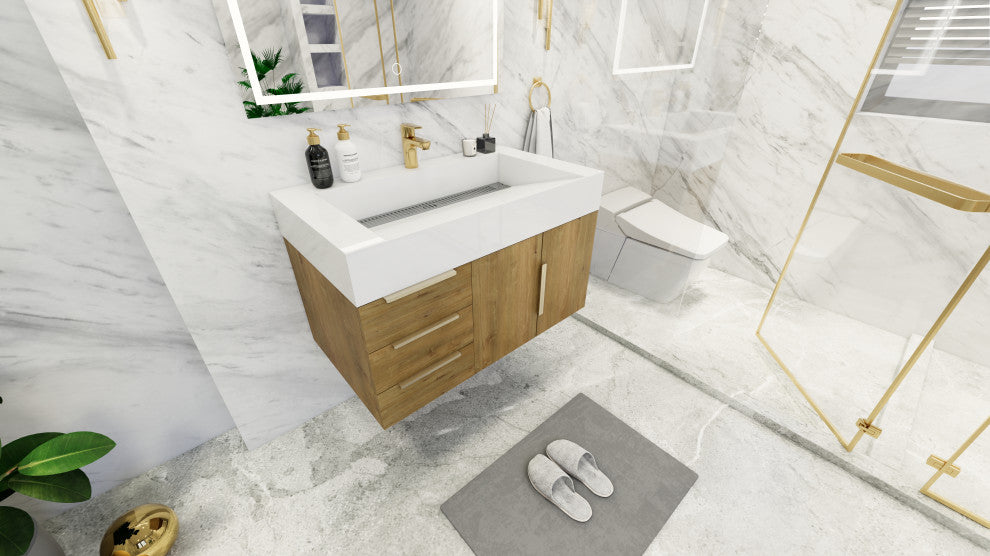 Madison 36" Wall Mounted Vanity With Reinforced Acrylic Sink, Oak