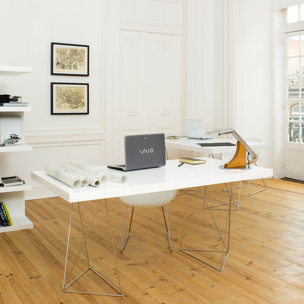 Contemporary Wire Leg Home Office Desk, White/Chrome
