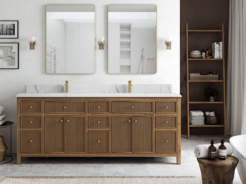 Sonoma Teak 84 Double Sink Bath Vanity in Dark Natural with 1.5" Calacatta Laza
