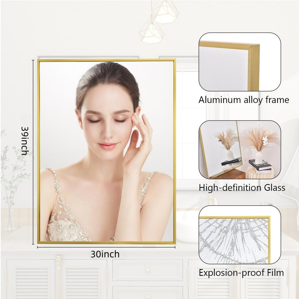 Easly Rectangular Aluminum Alloy Framed Mirror, Gold, 30x39