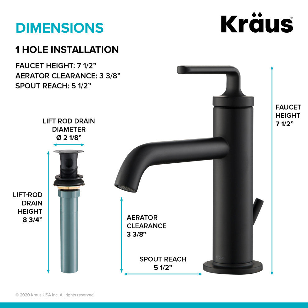 Kraus Ramus Single Handle Basin Faucet, Lift Rod Drain, Matte Black, Set of 2