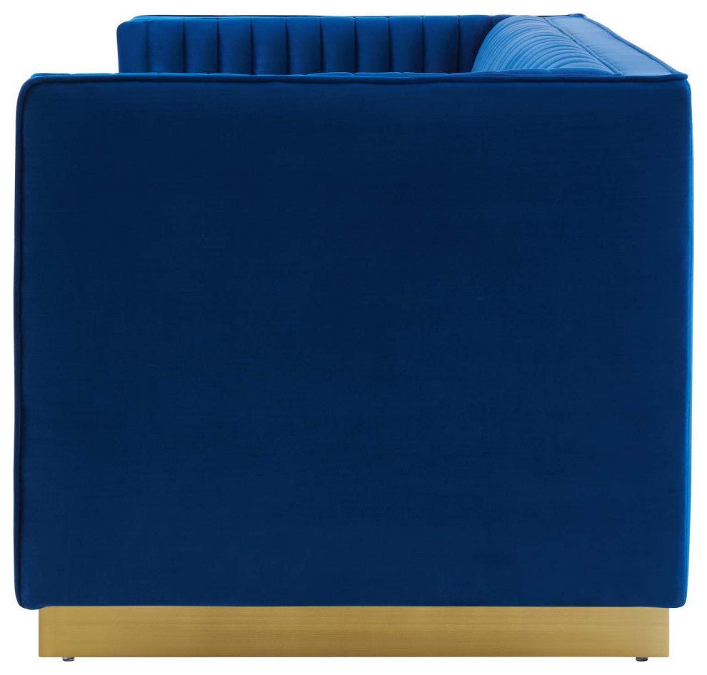 Tufted Loveseat Sofa, Velvet, Blue Navy, Modern, Living Lounge Hotel Hospitality