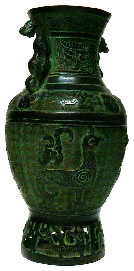 Chinese Old Dynasty Green Bronze Dragons Birds Pattern Ceremonial Vase Hcs1048