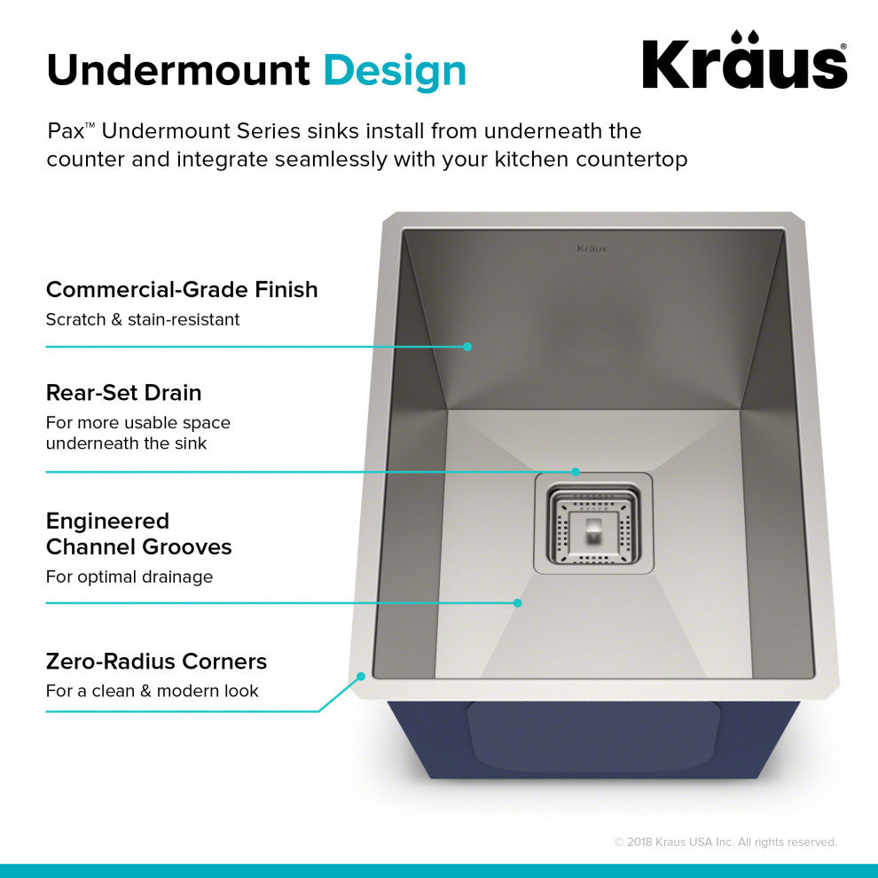 KHU15 Kraus 14 1/2" Bowl Stainless Steel Rectangular Bar/Prep Kitchen Sink