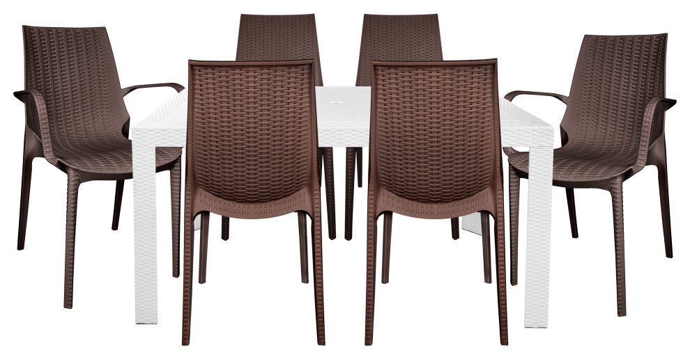 LeisureMod Kent 7-Piece Dining Set with 4 Side Chairs 2 Arm Chairs, White/Brown