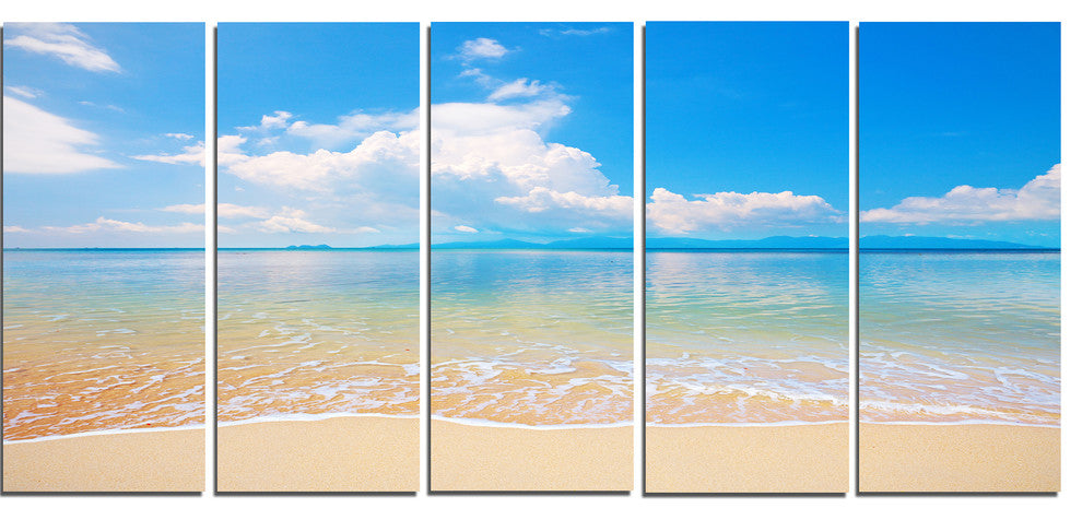 "Large Clouds Over Calm Beach" Seashore Canvas Photo Print, 5 Panels, 60"x28"
