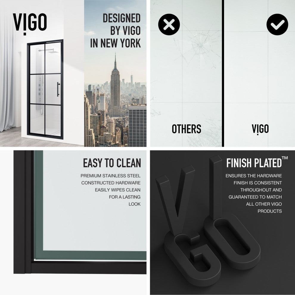 VIGO Astoria Framed Pivot Shower Door, Matte Black, 32" W X 76" H, Clear Glass