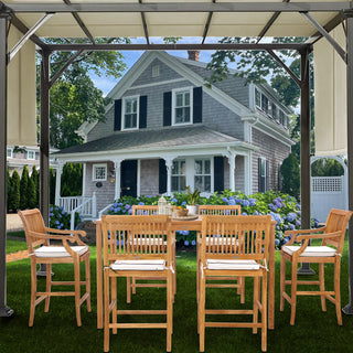7 Piece Teak Wood Castle 71" Rectangular Bistro Bar Set with 6 Barstools w/ Arms