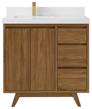 Madison Teak 36 Left Offset Bath Vanity in Dark Natural 2" White Quartz