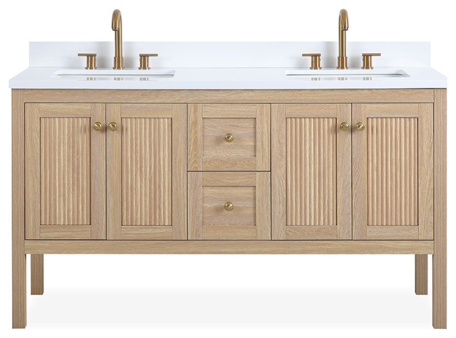 Modern Light Oak Sera Bathroom Vanity With White Quartz Top, 60" Double Sink