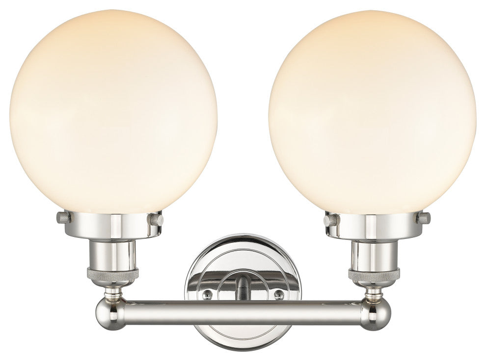 Edison Large Beacon 2-Light 16" Vanity Light, Polished Nickel, Matte White Shade