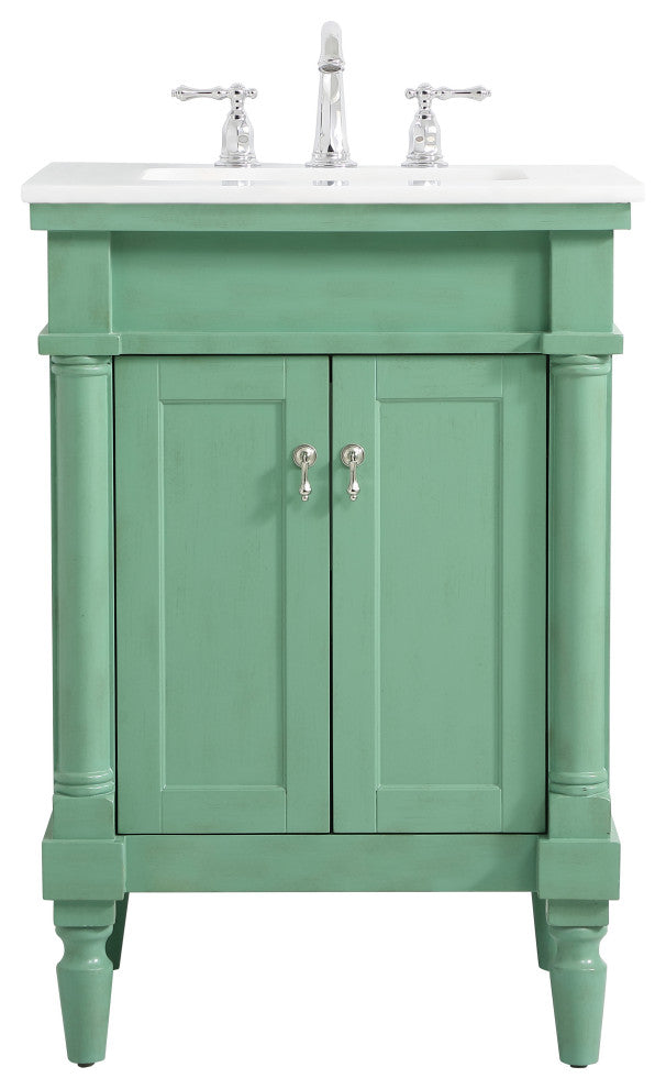 24" Single Bathroom Vanity, Vintage Mint With Ivory White Engineered Marble