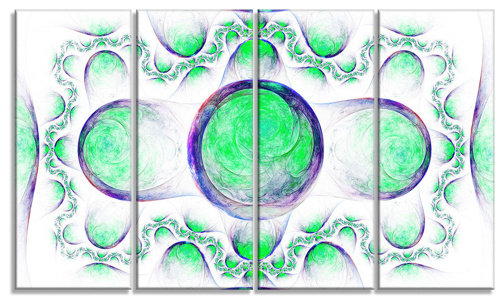 Green Exotic Pattern on White, Abstract Art on Canvas, 48"x28", 4 Panels