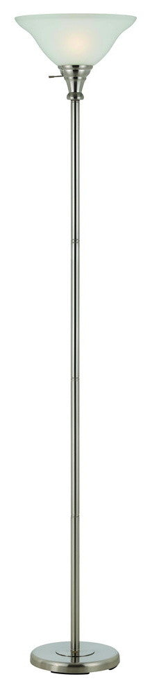 150W 3 Way Torchiere with Glass Shade, Brushed Steel Finish, White