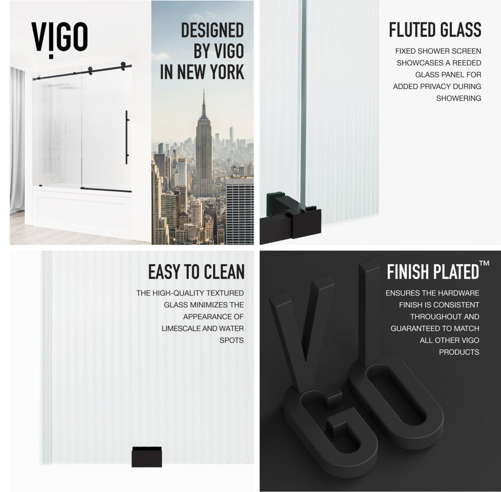 VIGO Elan E-Class 56" to 60" W x 66" H Frameless Sliding Tub Door, Fluted Glass, Right