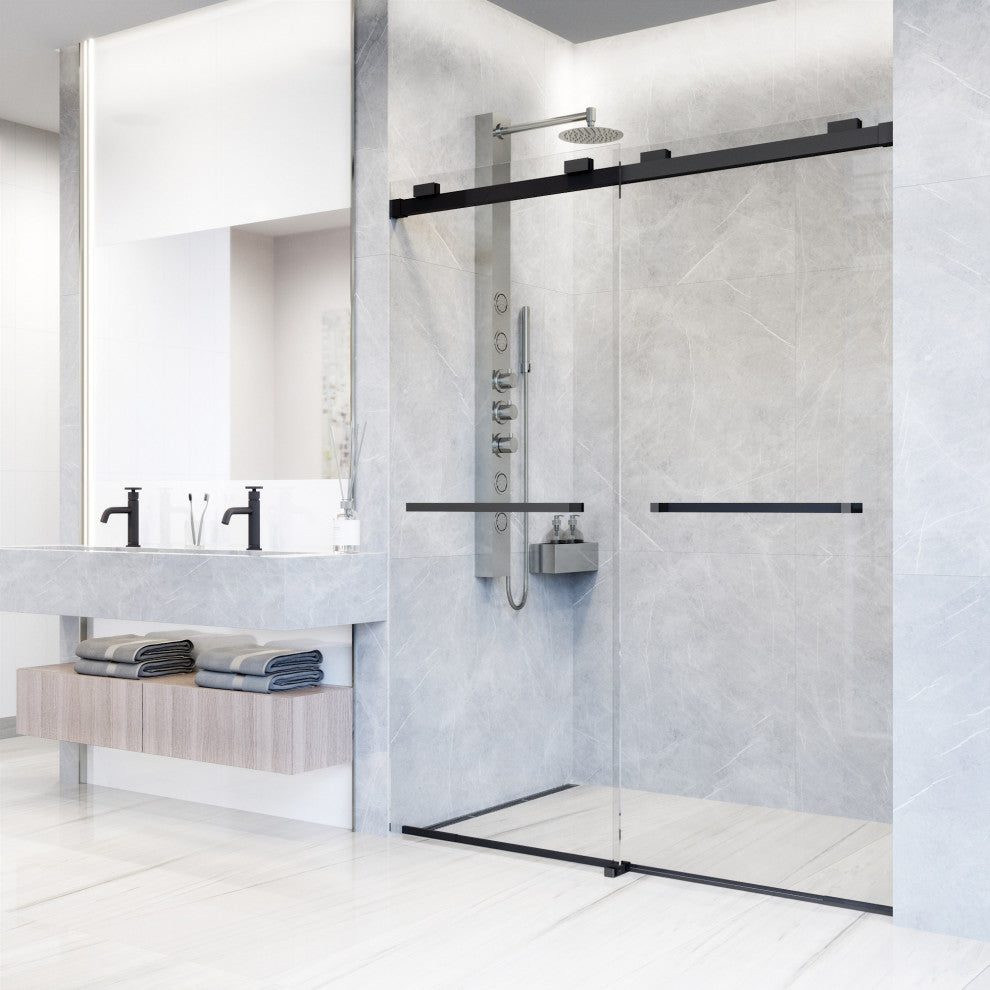 VIGO Houston Frameless Sliding, V-Motion, Matte Black, Shower Door, 56" to 60" W X 76" H, Clear Glass