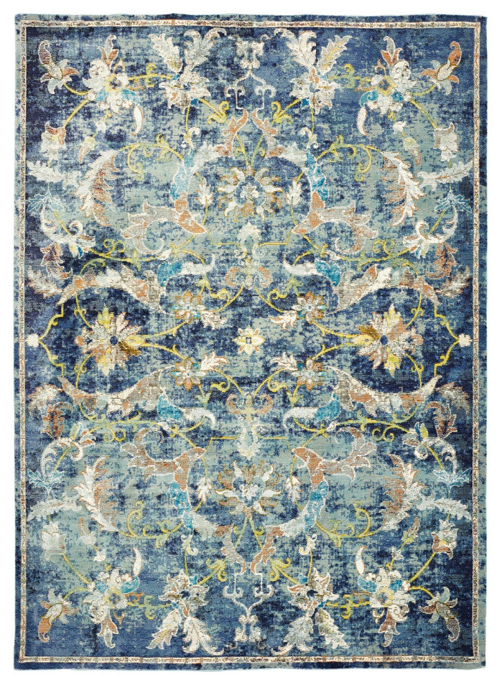 8" x 10" Blue and White Jacobean Pattern Area Rug