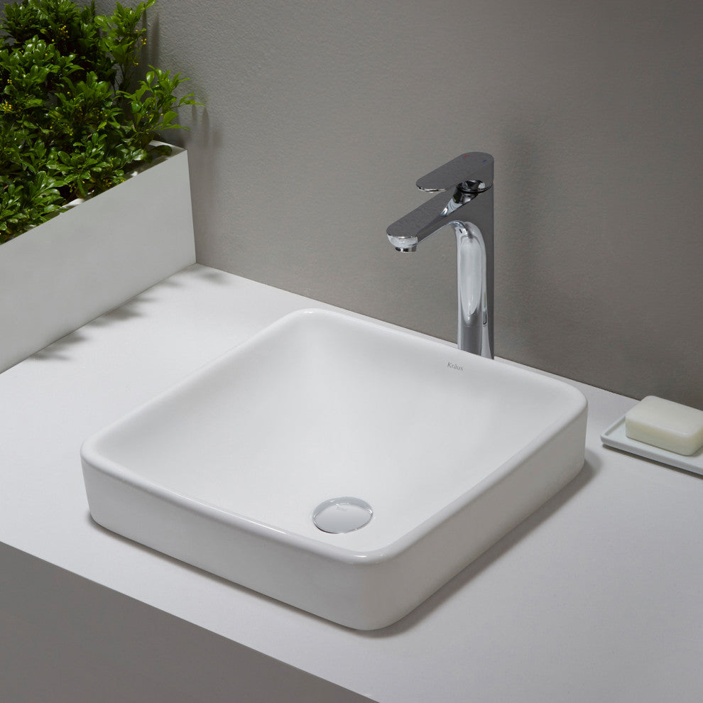 Elavo Ceramic Square Semi-Recessed White Sink, PU Drain Chrome