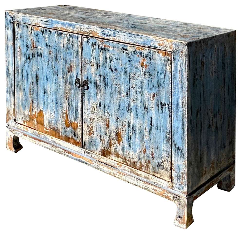 Distressed Blue 2 Doors Credenza Sideboard Console Table Cabinet