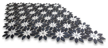 Nero Marquina Marble Wildflower Waterjet Mosaic Tile White Gray Honed, 1 sheet