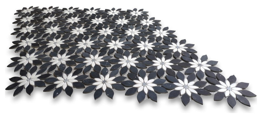Nero Marquina Marble Wildflower Waterjet Mosaic Tile White Gray Honed, 1 sheet
