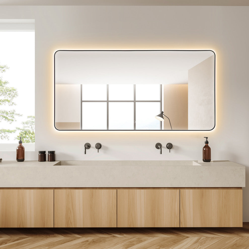 Dazzle Rectangular Bathroom/Vanity LED Lighted Wall Mirror, Matte Black, 72"