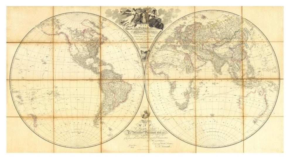 "Map of the World, Researches of Capt. James Cook, 1808" Paper Art, 38"x21"