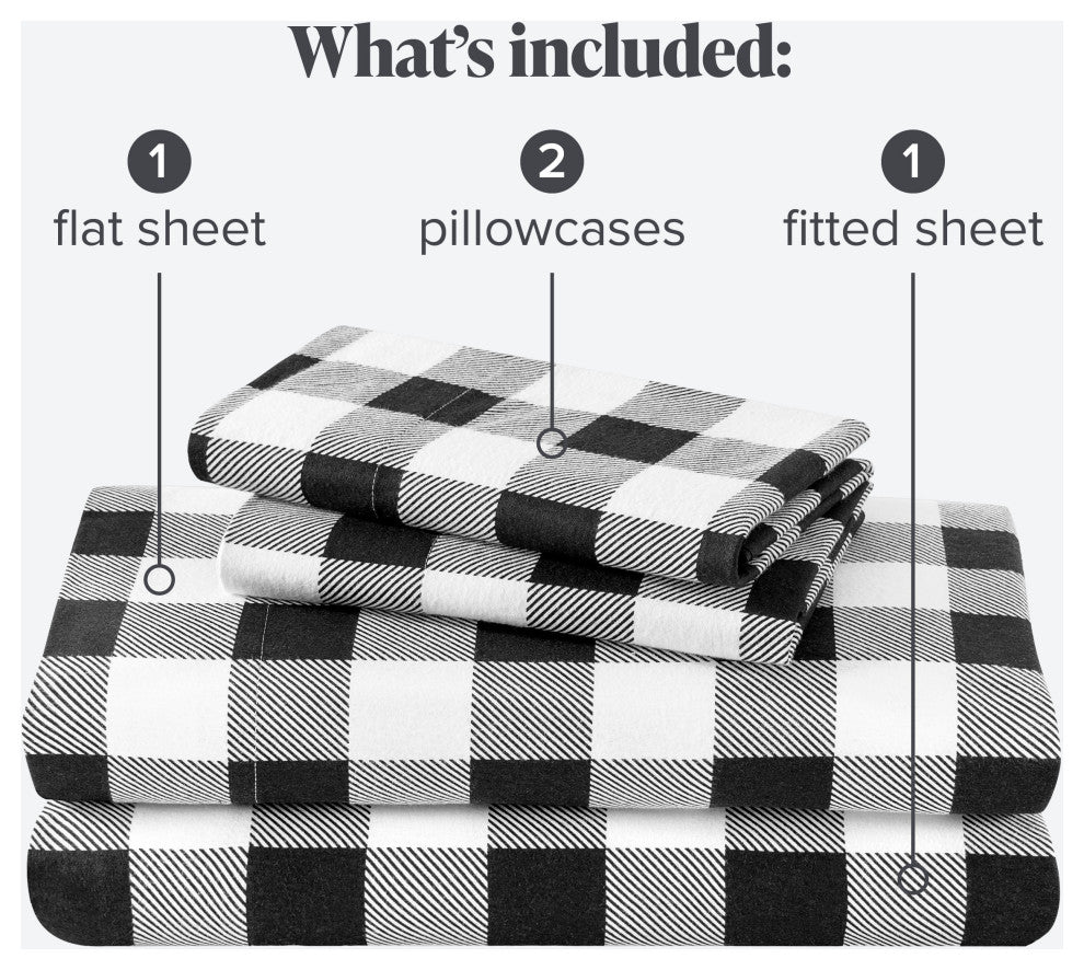 Bare Home Cotton Flannel Sheet Set, Buffalo Plaid - White/Black, King
