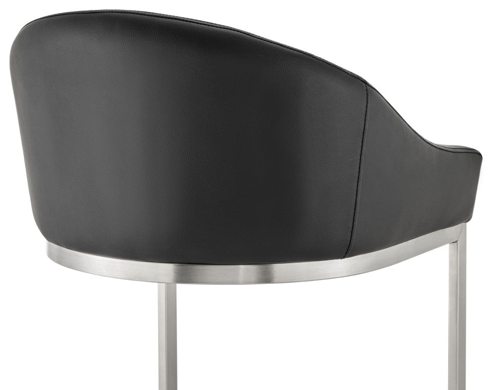 Atherik Bar Stool, Brushed Stainless Steel With Black Faux Leather