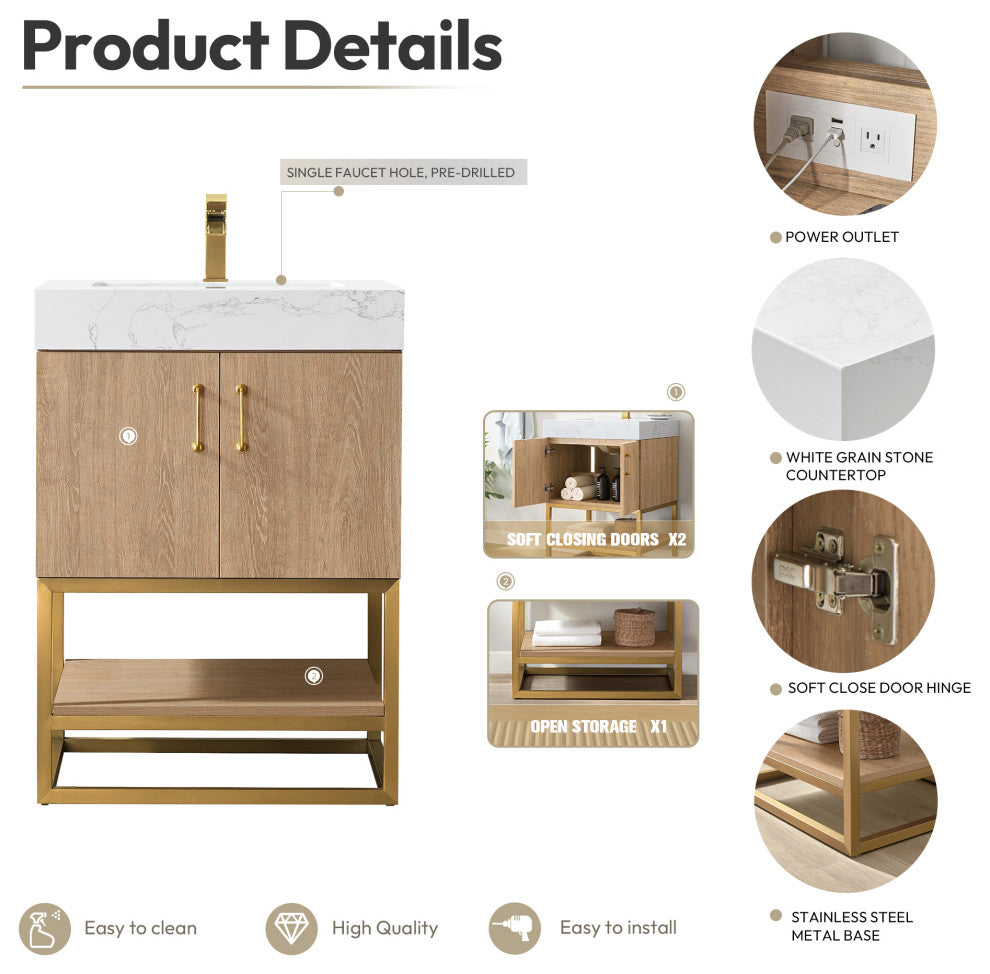 Alistair Vanity, North American Oak With Countertop, 24", With Mirror