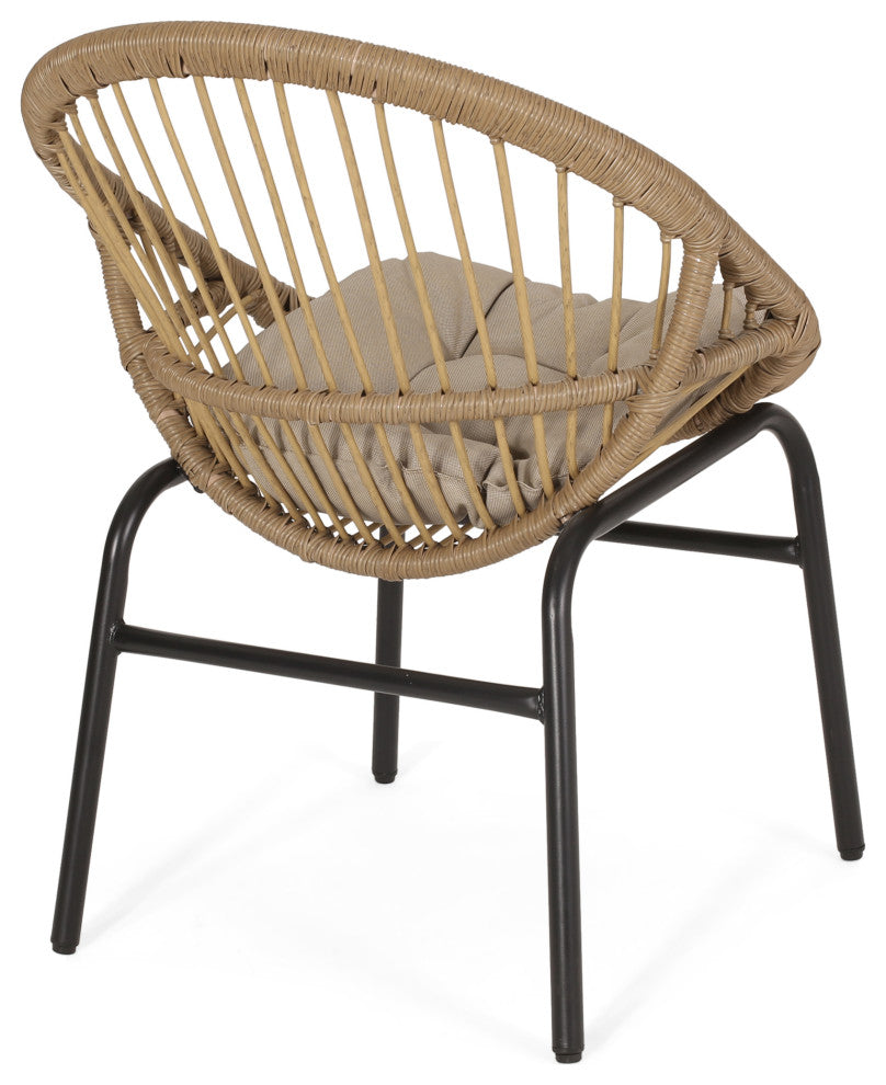Dero Outdoor Wicker Dining Chairs With Cushion, Set of 2, Light Brown and Beige